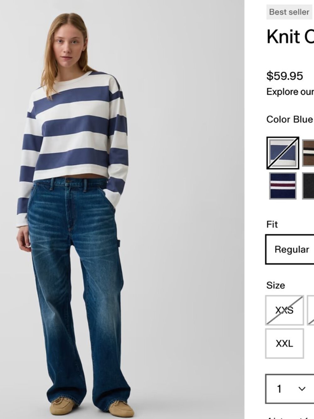 Gap Knit Oversized Crop T-Shirt Blue Stripe 100% Cotton